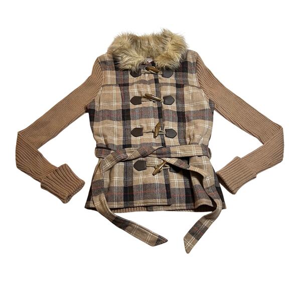 Glimmer by J.J. Basics Plaid Knit Jacket w/ Fur Trim Size Large Cozy Preppy Y2K - Picture 1 of 7